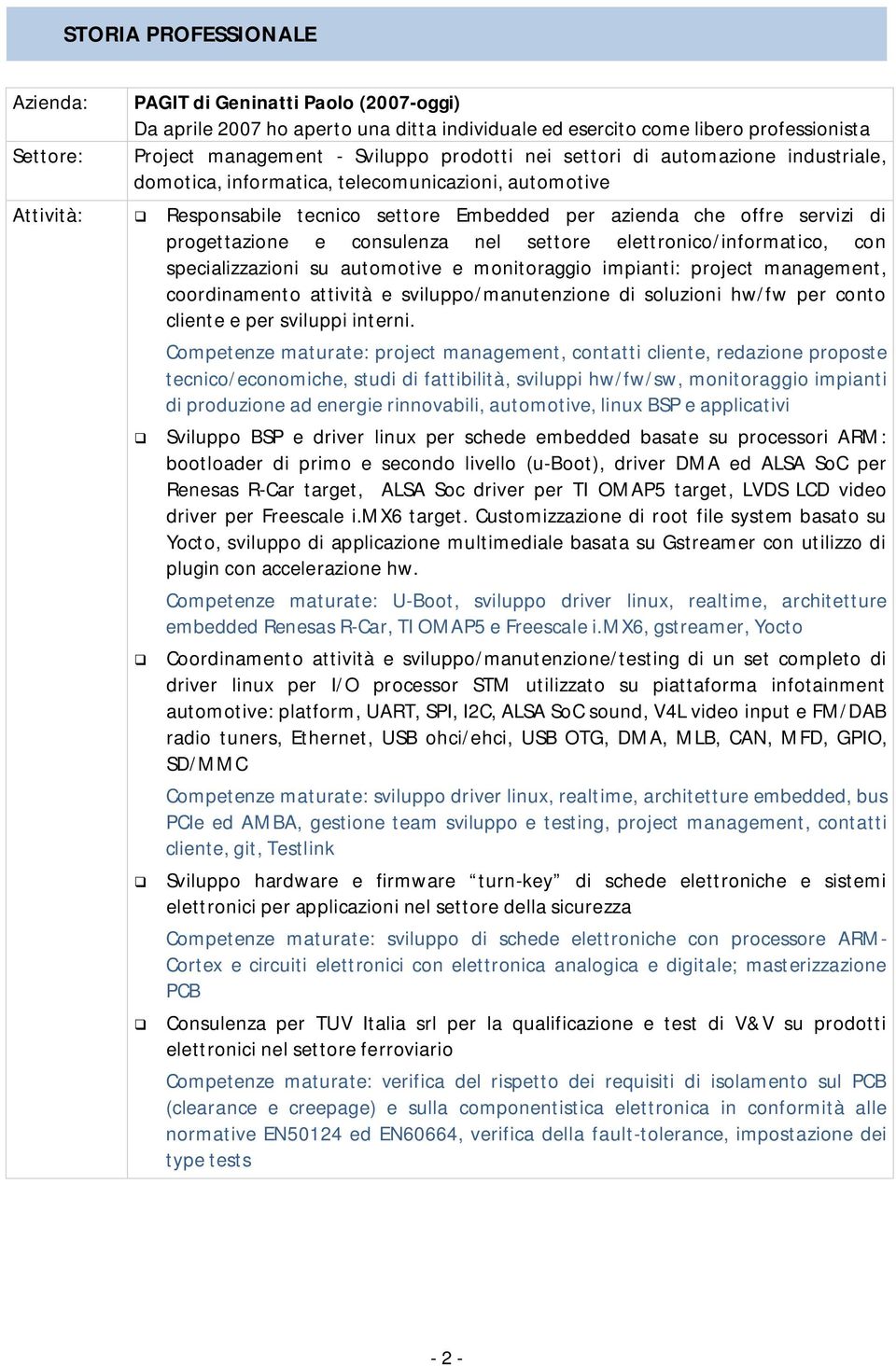 consulenza nel settore elettronico/informatico, con specializzazioni su automotive e monitoraggio impianti: project management, coordinamento attività e sviluppo/manutenzione di soluzioni hw/fw per