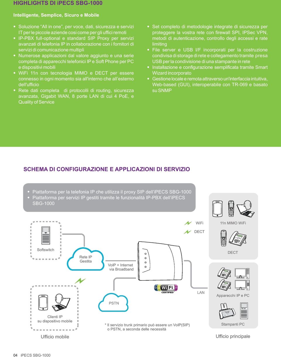 apparecchi telefonici IP e Soft Phone per PC e dispositivi mobili WiFi 11n con tecnologia MIMO e per essere connesso in ogni momento sia all'interno che all esterno dell'ufficio Rete dati completa di