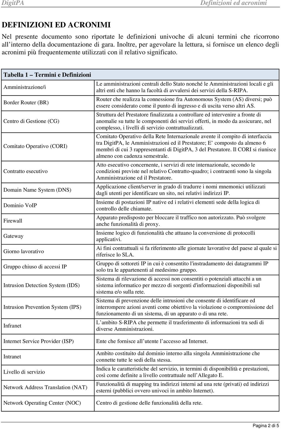 Tabella 1 Termini e Definizioni Amministrazione/i Border Router (BR) Centro di Gestione (CG) Comitato Operativo (CORI) Contratto esecutivo Domain Name System (DNS) Dominio VoIP Firewall Gateway