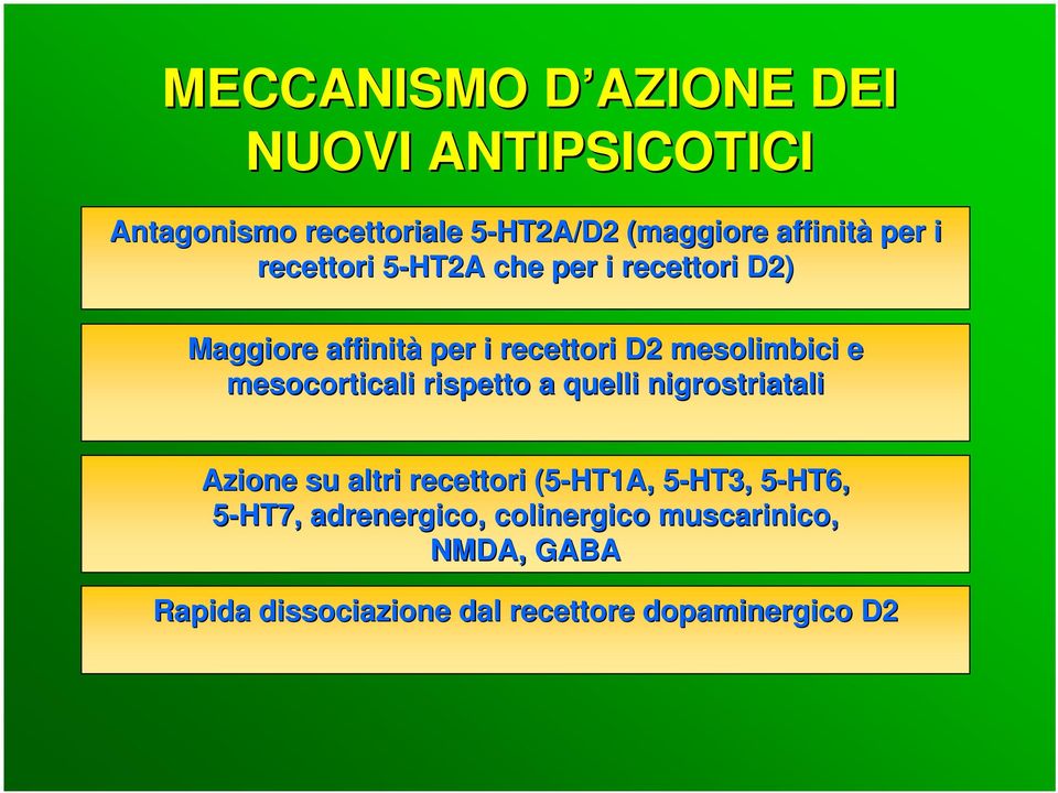 mesocorticali rispetto a quelli nigrostriatali Azione su altri recettori (5-HT1A, 5-HT3, 5 5-HT6, 5