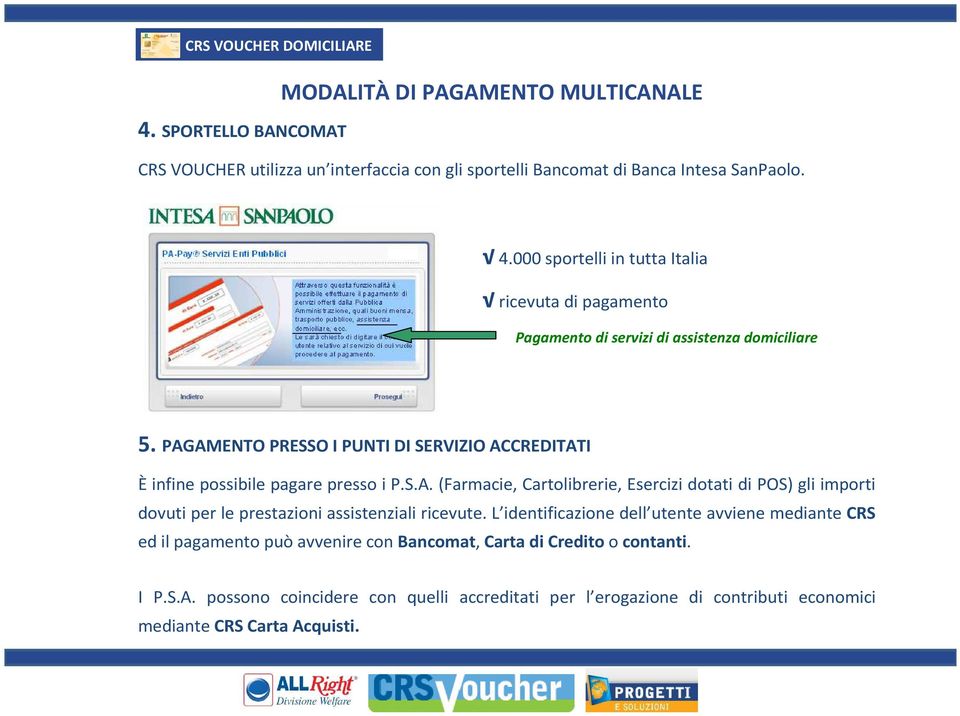 L identificazione dell utente avviene mediante CRS ed il pagamento può avvenire con Bancomat, Carta di Credito o contanti. I P.S.A.