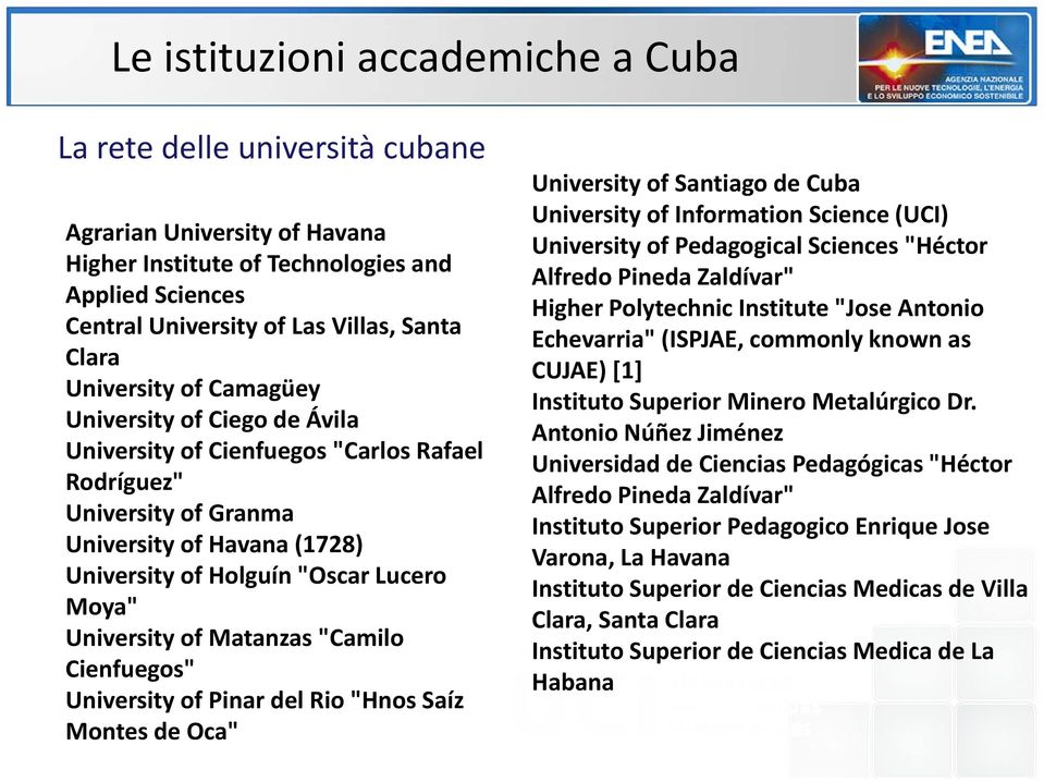 University of Matanzas "Camilo Cienfuegos" University of Pinar del Rio "Hnos Saíz Montes de Oca" University of Santiago de Cuba University of Information Science (UCI) University of Pedagogical