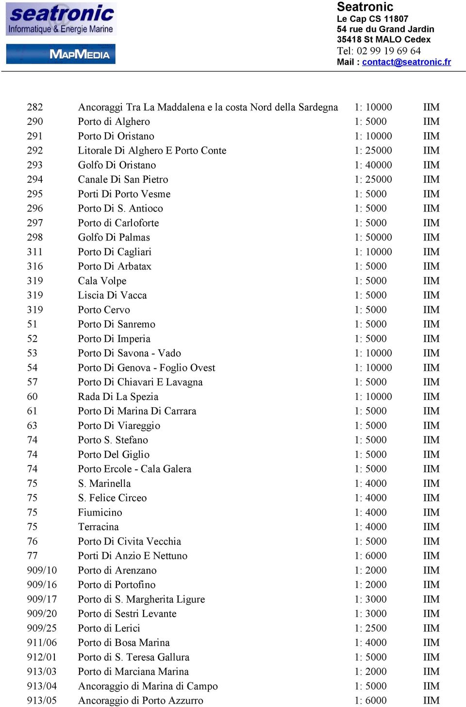 Antioco 1: 5000 IIM 297 Porto di Carloforte 1: 5000 IIM 298 Golfo Di Palmas 1: 50000 IIM 311 Porto Di Cagliari 1: 10000 IIM 316 Porto Di Arbatax 1: 5000 IIM 319 Cala Volpe 1: 5000 IIM 319 Liscia Di