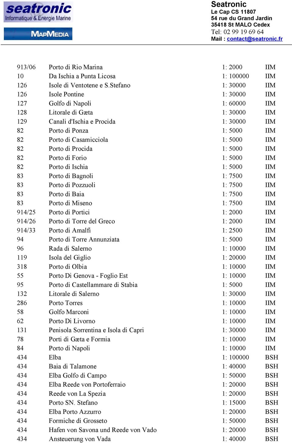 Porto di Casamicciola 1: 5000 IIM 82 Porto di Procida 1: 5000 IIM 82 Porto di Forio 1: 5000 IIM 82 Porto di Ischia 1: 5000 IIM 83 Porto di Bagnoli 1: 7500 IIM 83 Porto di Pozzuoli 1: 7500 IIM 83