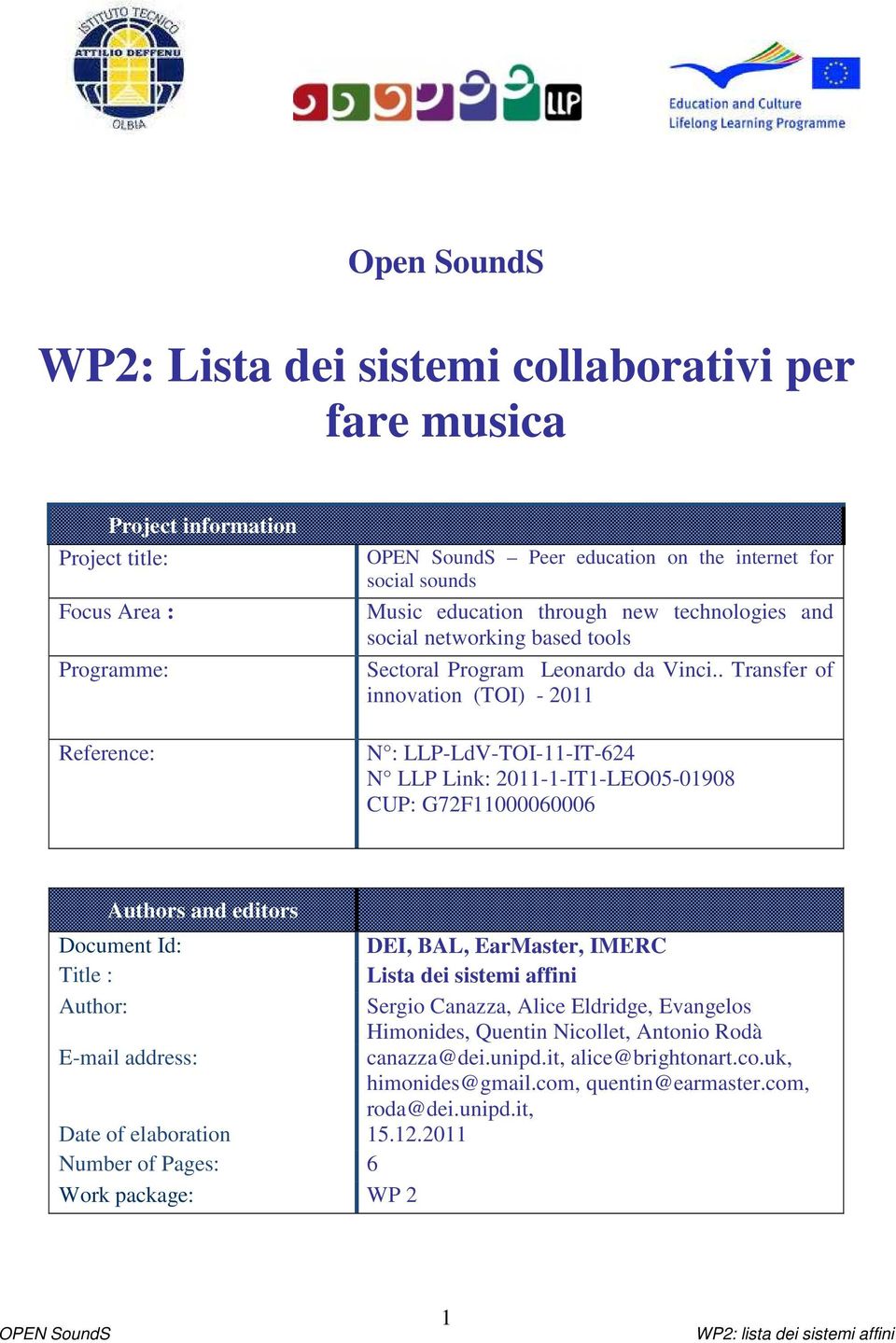 . Transfer of innovation (TOI) - 2011 N : LLP-LdV-TOI-11-IT-624 N LLP Link: 2011-1-IT1-LEO05-01908 CUP: G72F11000060006 Authors and editors Document Id: Title : Author: E-mail address: Date of