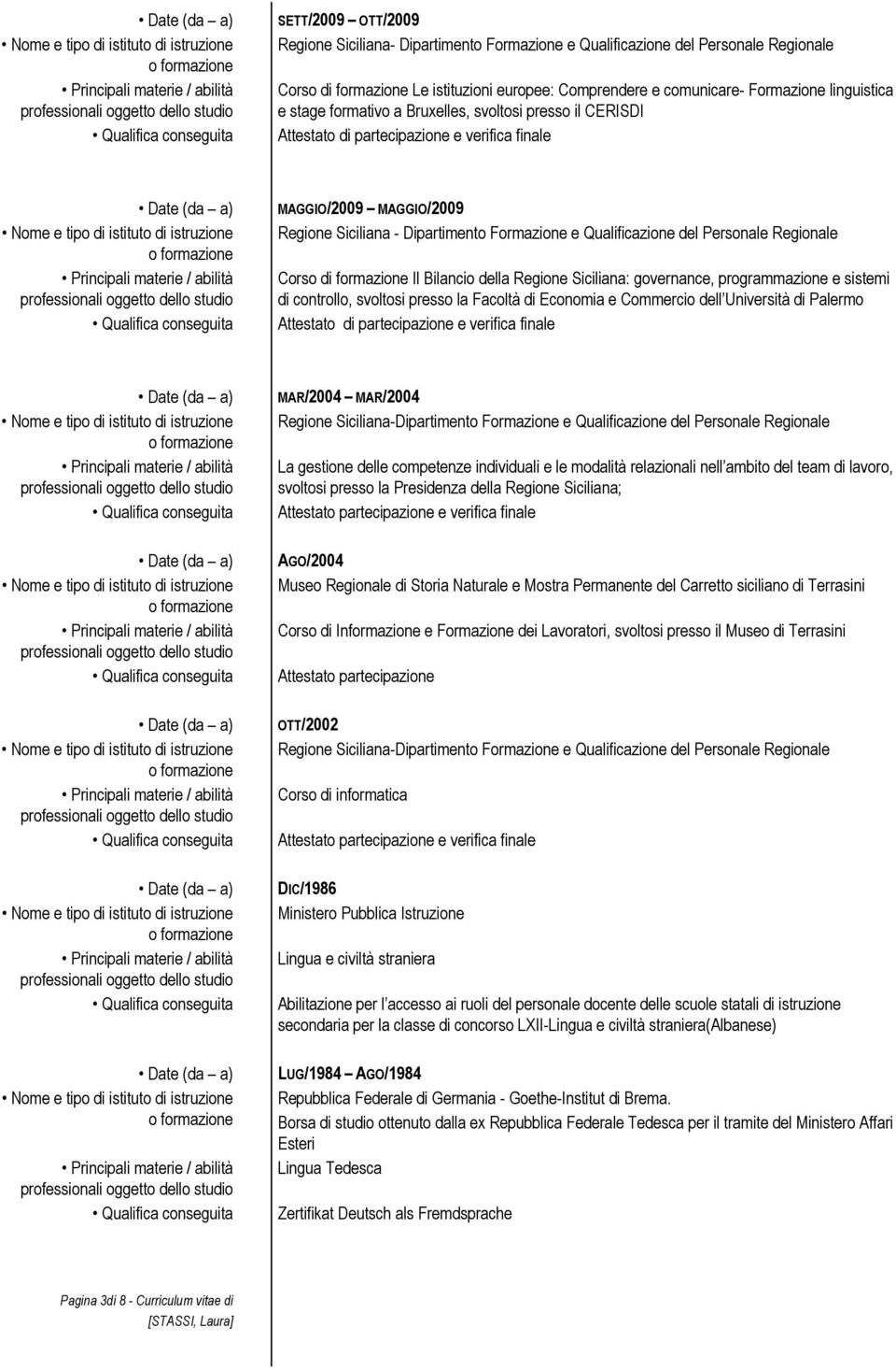 Personale Regionale Corso di formazione Il Bilancio della Regione Siciliana: governance, programmazione e sistemi di controllo, svoltosi presso la Facoltà di Economia e Commercio dell Università di