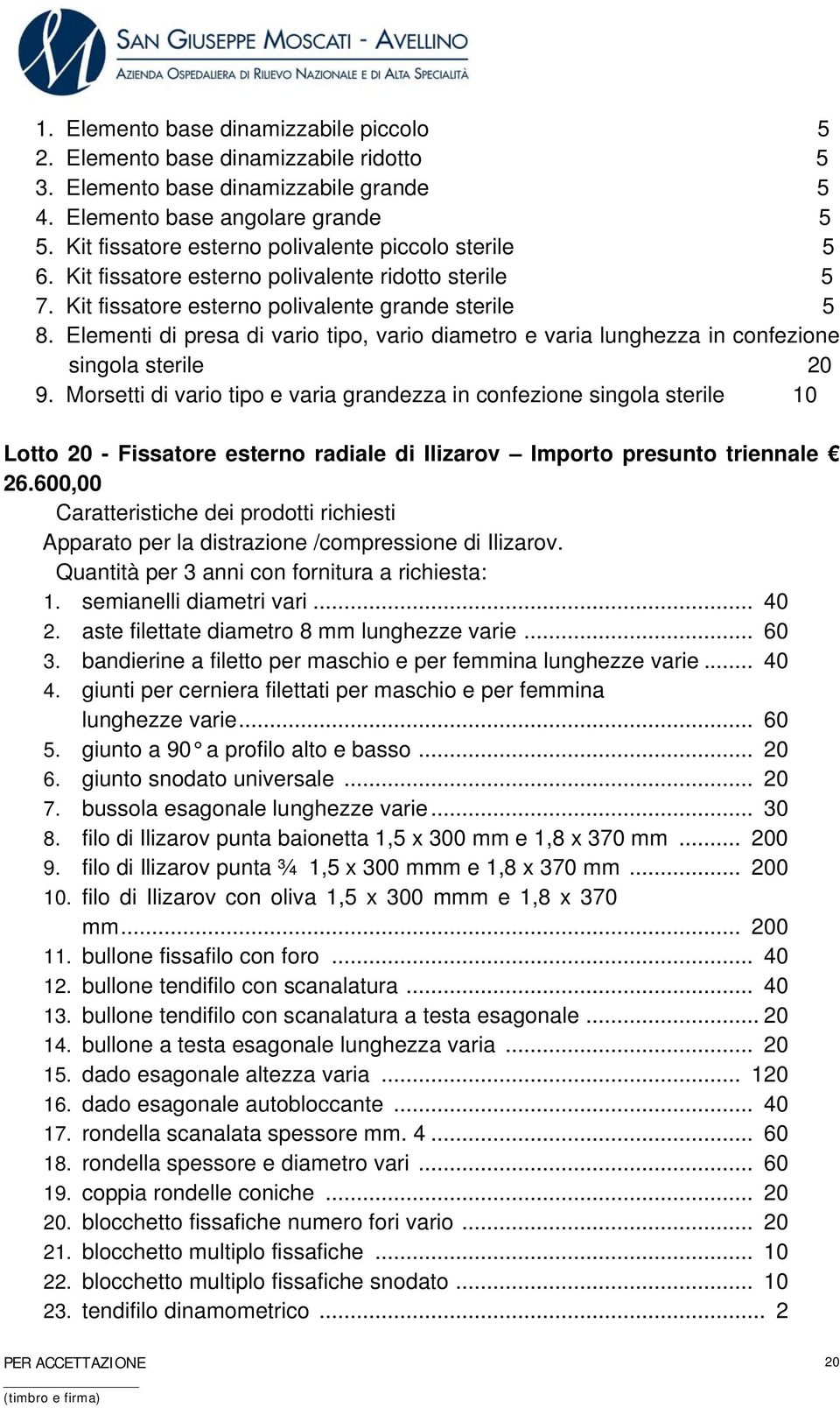 Elementi di presa di vario tipo, vario diametro e varia lunghezza in confezione singola sterile 20 9.