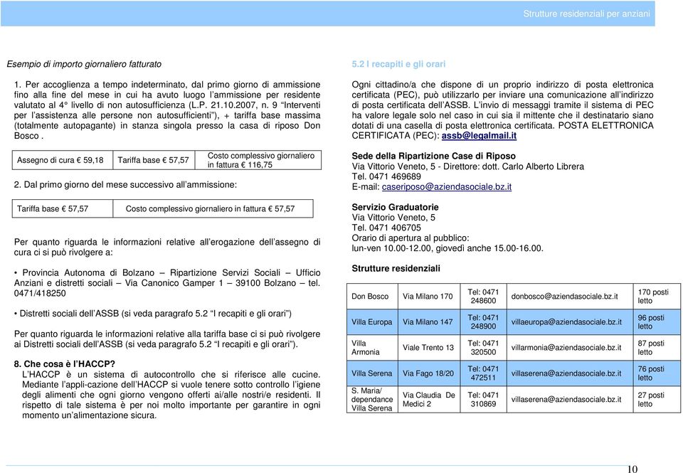 2007, n. 9 Interventi per l assistenza alle persone non autosufficienti ), + tariffa base massima (totalmente autopagante) in stanza singola presso la casa di riposo Don Bosco.