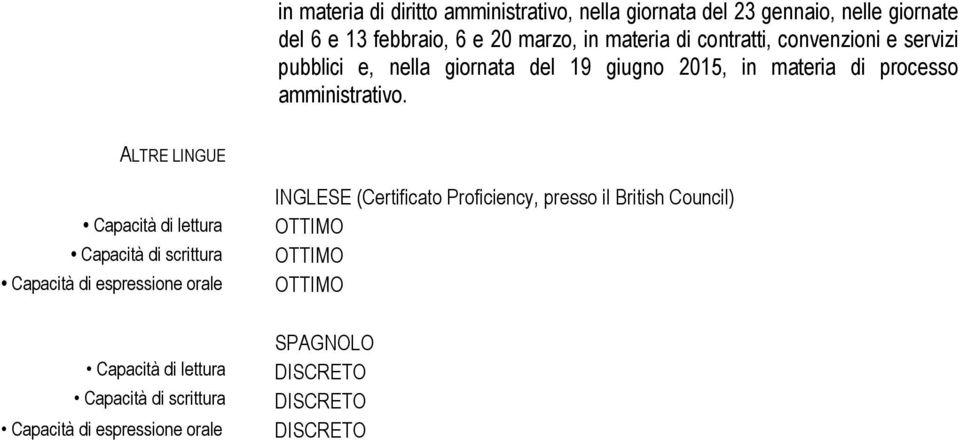 ALTRE LINGUE Capacità di lettura Capacità di scrittura Capacità di espressione orale Capacità di lettura Capacità di scrittura