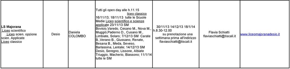 00 Muggiò,Paderno D., Cusano M., su prenotazione una Limbiate, Solaro; 7/12/13 SM Carate settimana prima all'indirizzo B.,Verano B., Giussano, Renate, flaviaschiatti@tiscali.