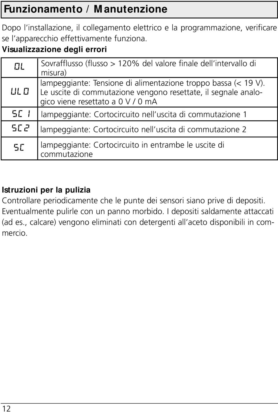 Le uscite di commutazione vengono resettate, il segnale analogico viene resettato a V / ma lampeggiante: Cortocircuito nell uscita di commutazione lampeggiante: Cortocircuito nell uscita di