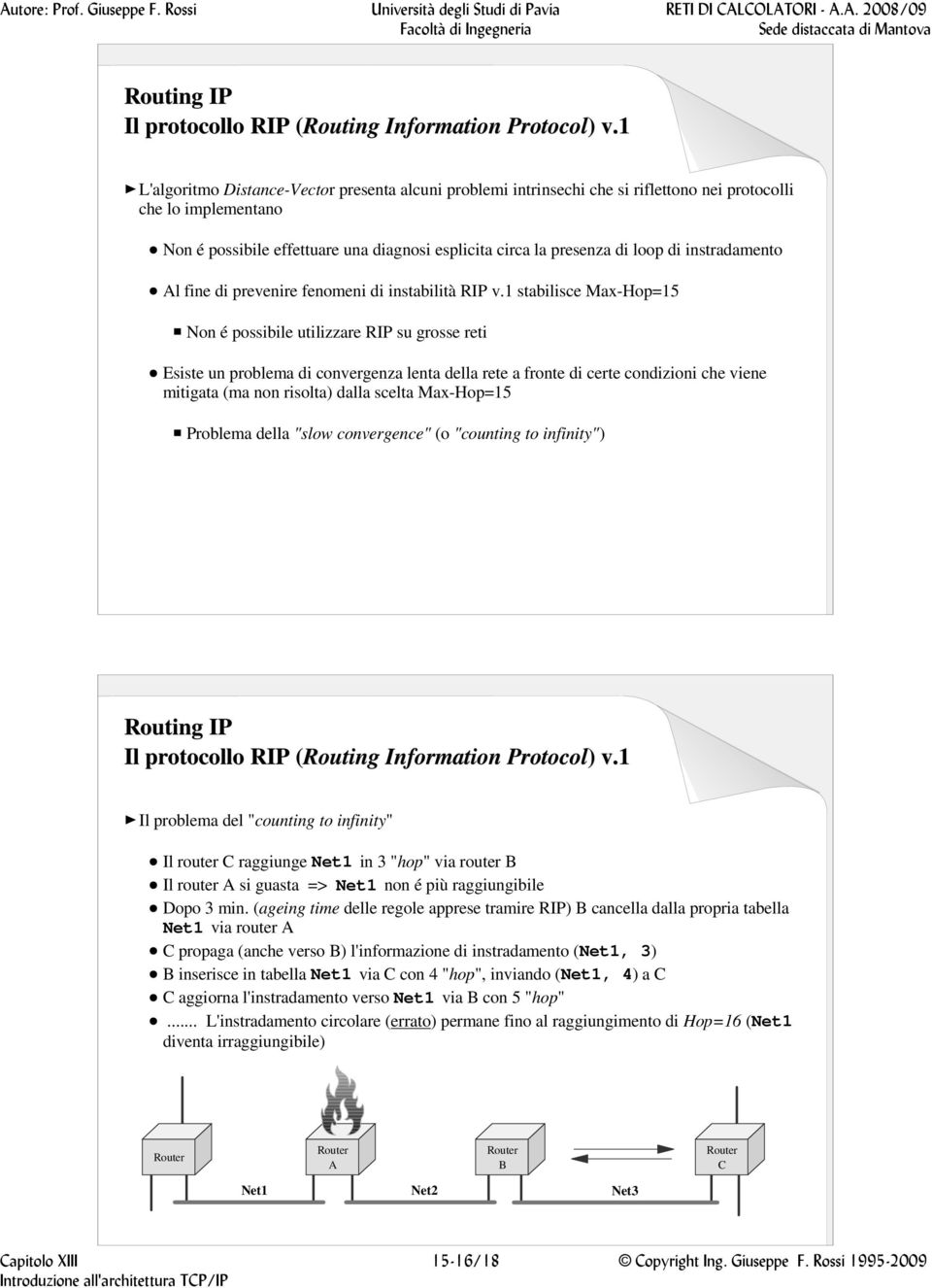 1 stabilisce Max-Hop=15 Non é possibile utilizzare RIP su grosse reti Esiste un problema di convergenza lenta della rete a fronte di certe condizioni che viene mitigata (ma non risolta) dalla scelta