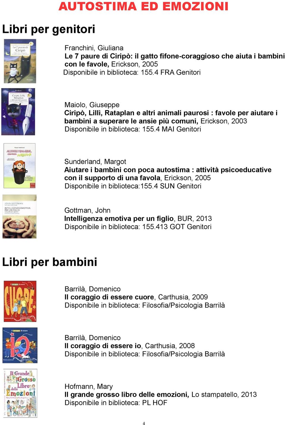 4 MAI Genitori Sunderland, Margot Aiutare i bambini con poca autostima : attività psicoeducative con il supporto di una favola, Erickson, 2005 Disponibile in biblioteca:155.