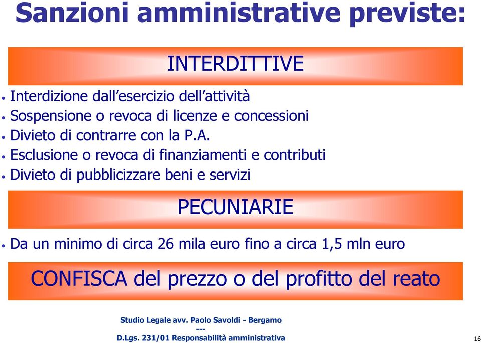 Esclusione o revoca di finanziamenti e contributi Divieto di pubblicizzare beni e servizi PECUNIARIE Da