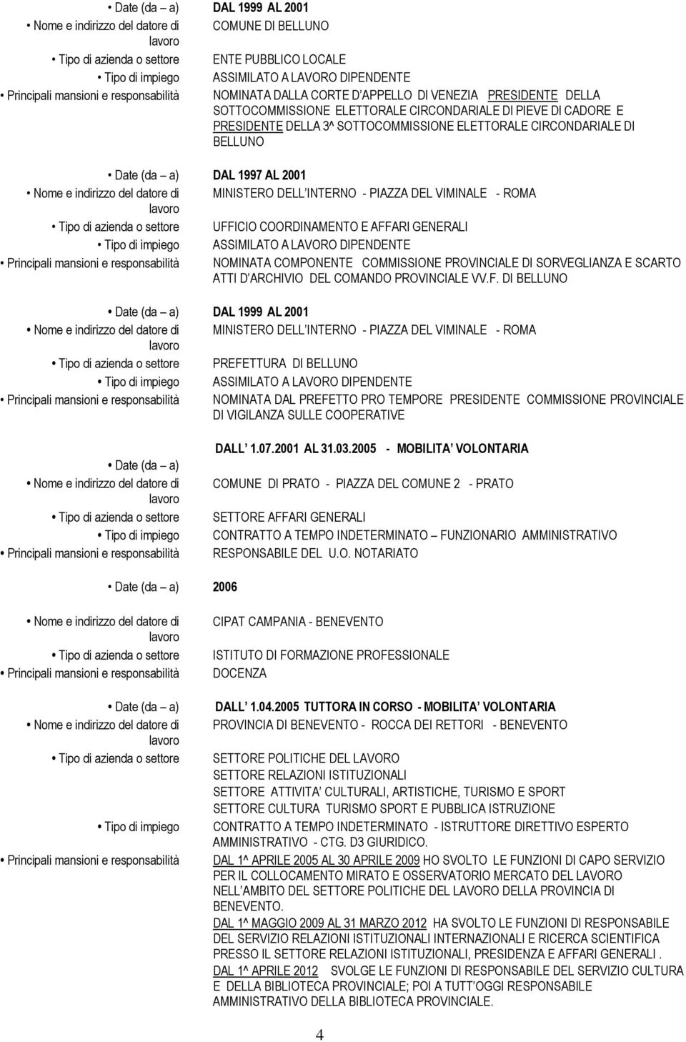 AFFARI GENERALI Principali mansioni e responsabilità NOMINATA COMPONENTE COMMISSIONE PROVINCIALE DI SORVEGLIANZA E SCARTO ATTI D ARCHIVIO DEL COMANDO PROVINCIALE VV.F. DI BELLUNO Date (da a) DAL 1999