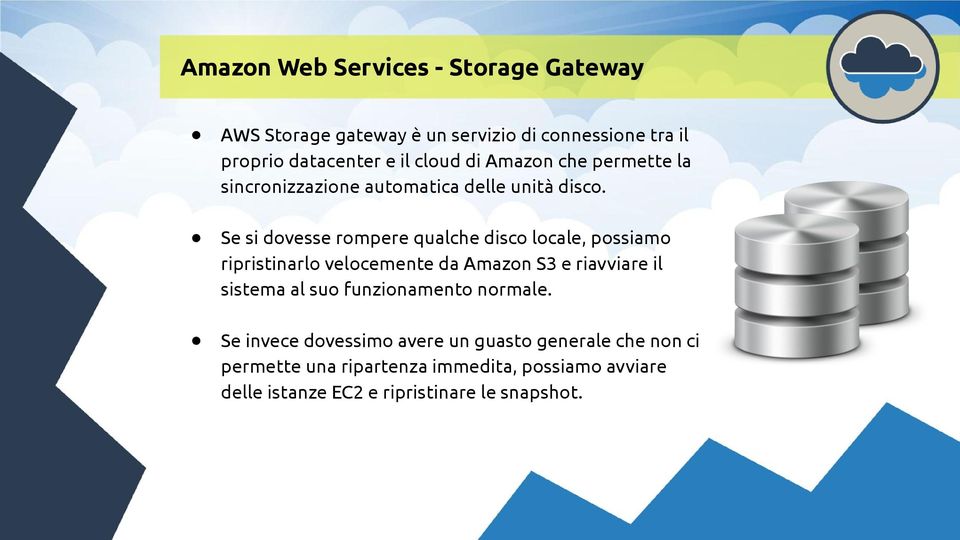 Se si dovesse rompere qualche disco locale, possiamo ripristinarlo velocemente da Amazon S3 e riavviare il sistema al suo