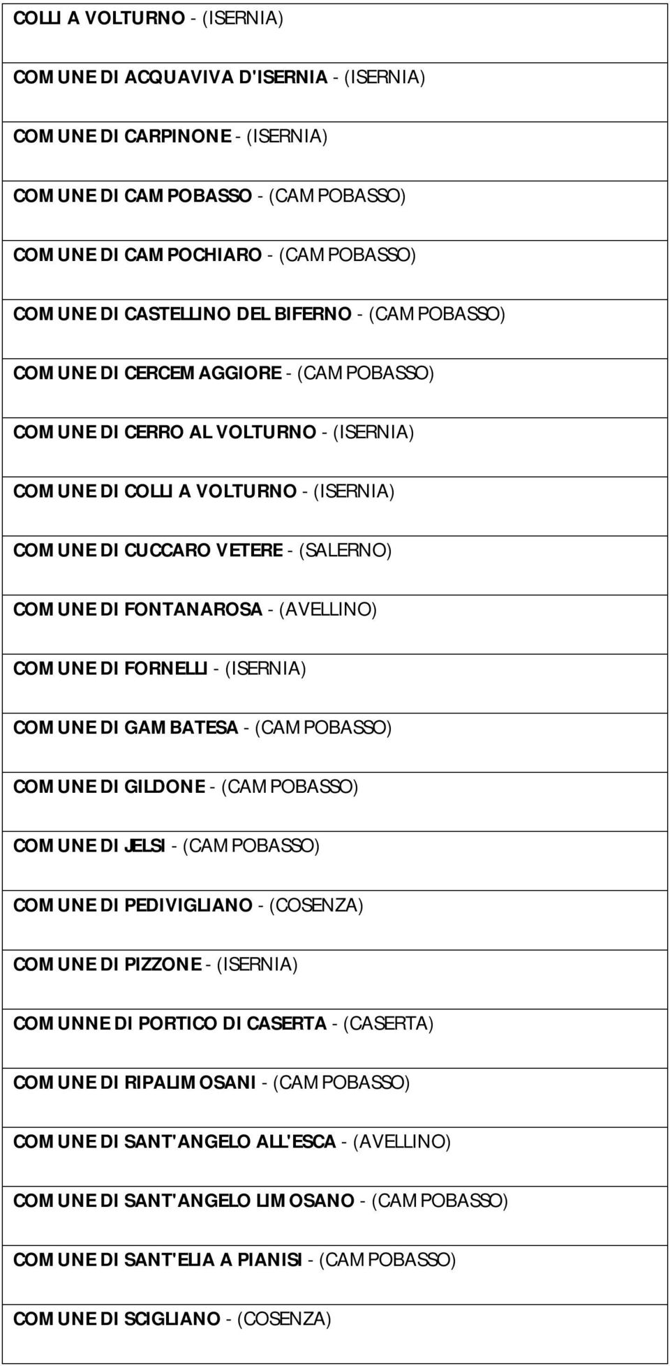 FONTANAROSA - (AVELLINO) COMUNE DI FORNELLI - (ISERNIA) COMUNE DI GAMBATESA - (CAMPOBASSO) COMUNE DI GILDONE - (CAMPOBASSO) COMUNE DI JELSI - (CAMPOBASSO) COMUNE DI PEDIVIGLIANO - (COSENZA) COMUNE DI