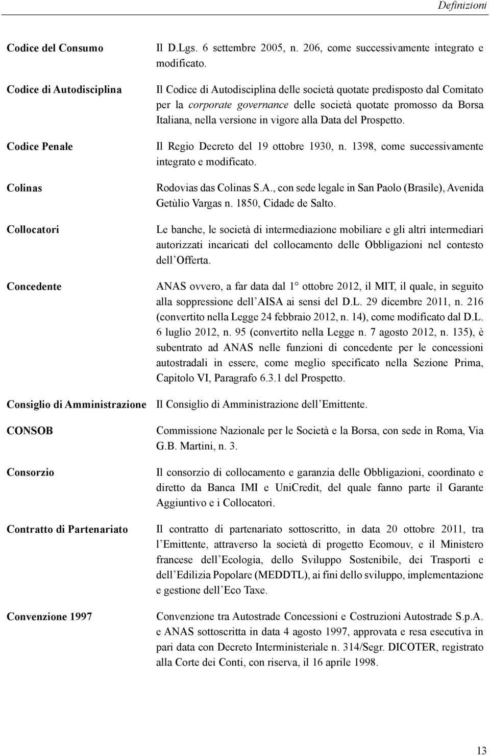 Prospetto. Il Regio Decreto del 19 ottobre 1930, n. 1398, come successivamente integrato e modificato. Rodovias das Colinas S.A., con sede legale in San Paolo (Brasile), Avenida Getùlio Vargas n.