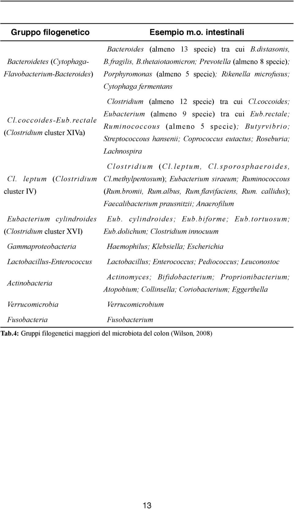 distasonis, B.fragilis, B.thetaiotaomicron; Prevotella (almeno 8 specie); Porphyromonas (almeno 5 specie); Rikenella microfusus; Cytophaga fermentans Clostridium (almeno 12 specie) tra cui Cl.