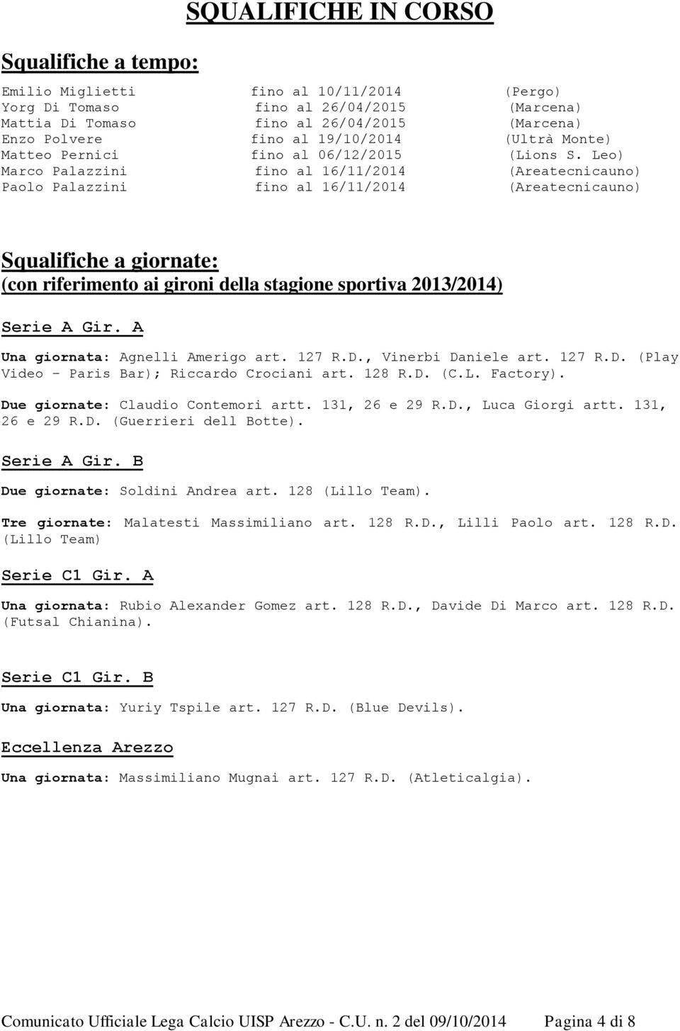 Leo) Marco Palazzini fino al 16/11/2014 (Areatecnicauno) Paolo Palazzini fino al 16/11/2014 (Areatecnicauno) Squalifiche a giornate: (con riferimento ai gironi della stagione sportiva 2013/2014)