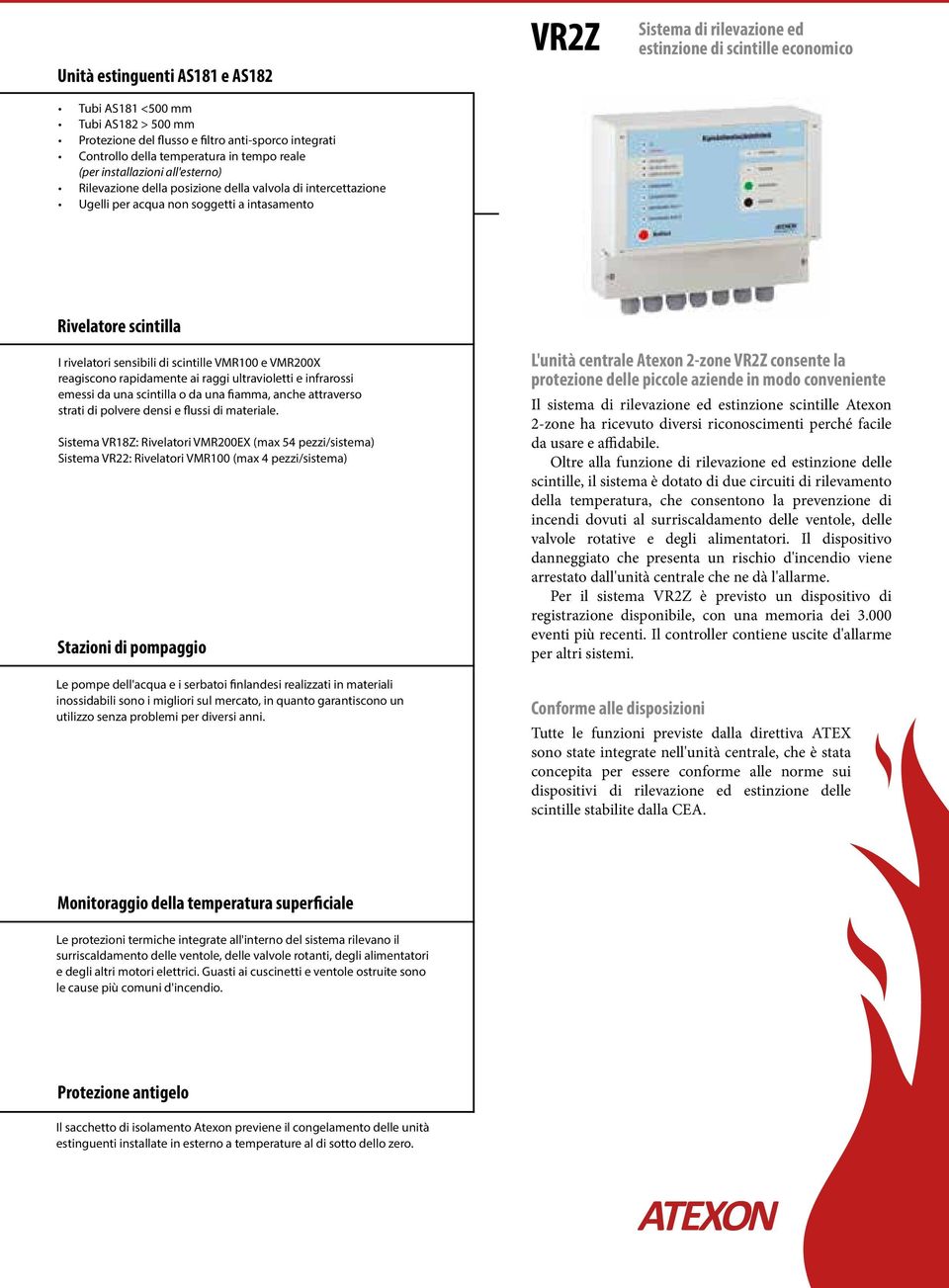 sensibili di scintille VMR100 e VMR200X reagiscono rapidamente ai raggi ultravioletti e infrarossi emessi da una scintilla o da una fiamma, anche attraverso strati di polvere densi e flussi di
