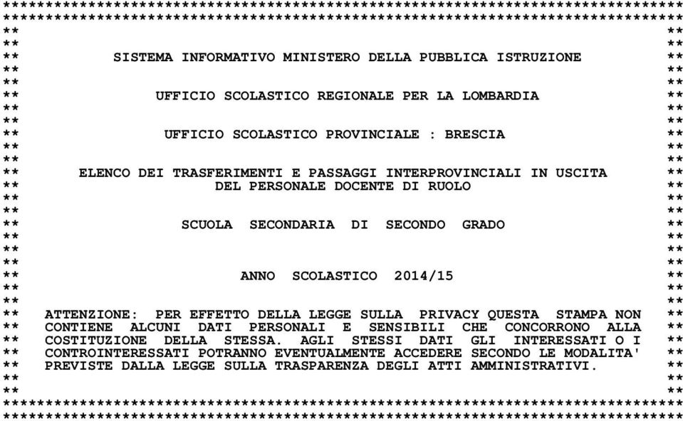 DEL PERSONALE DOCENTE DI RUOLO ** ** SCUOLA SECONDARIA DI SECONDO GRADO ** ** ANNO SCOLASTICO 2014/15 ** ** ATTENZIONE: PER EFFETTO DELLA LEGGE SULLA PRIVACY QUESTA STAMPA NON ** ** CONTIENE ALCUNI