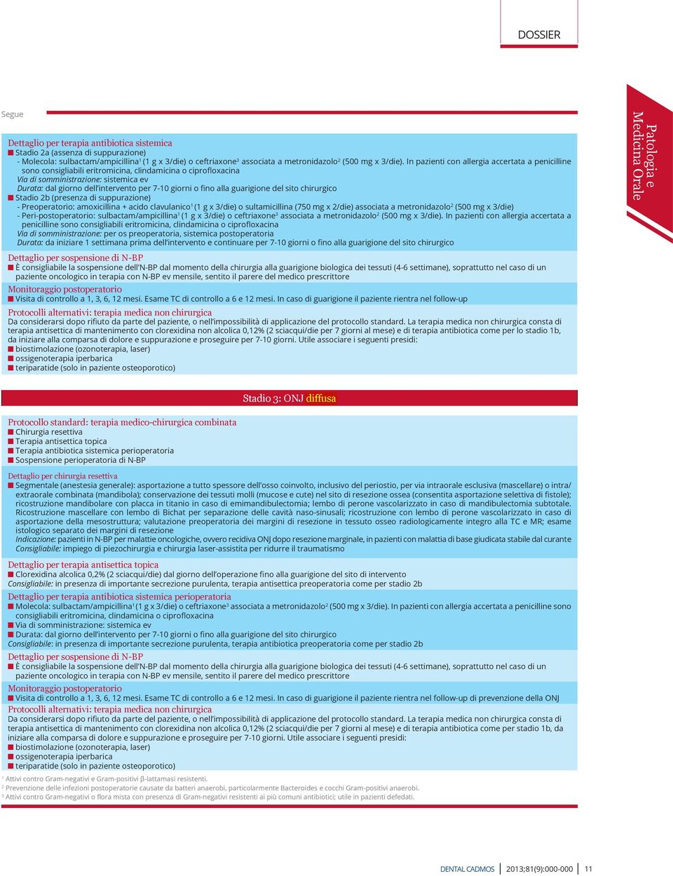 giorni o fino alla guarigione del sito chirurgico n Stadio 2b (presenza di suppurazione) - Preoperatorio: amoxicillina + acido clavulanico 1 (1 g x 3/die) o sultamicillina (750 mg x 2/die) associata