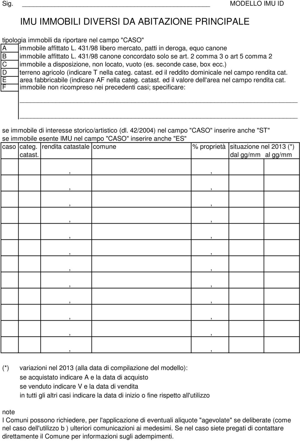 seconde case, box ecc.) D terreno agricolo (indicare T nella categ. catast. ed il reddito dominicale nel campo rendita cat. E area fabbricabile (indicare AF nella categ. catast. ed il valore dell'area nel campo rendita cat.