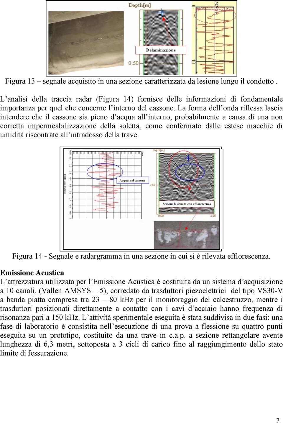 La forma dell onda riflessa lascia intendere che il cassone sia pieno d acqua all interno, probabilmente a causa di una non corretta impermeabilizzazione della soletta, come confermato dalle estese