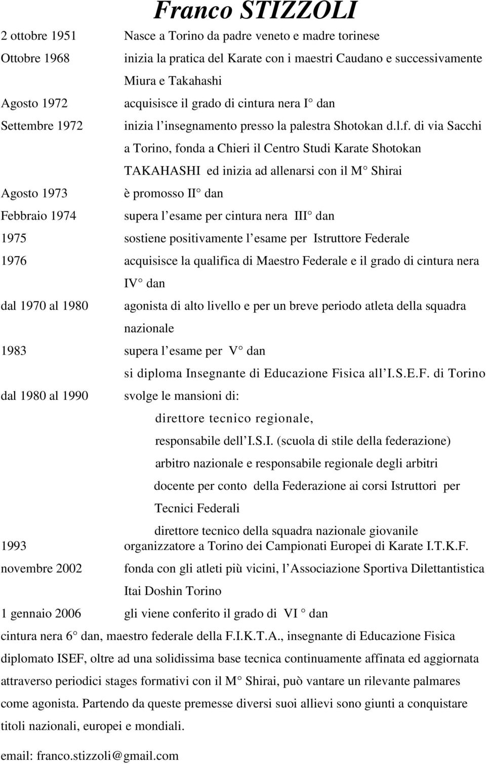 di via Sacchi a Torino, fonda a Chieri il Centro Studi Karate Shotokan TAKAHASHI ed inizia ad allenarsi con il M Shirai è promosso II dan supera l esame per cintura nera III dan 1975 sostiene