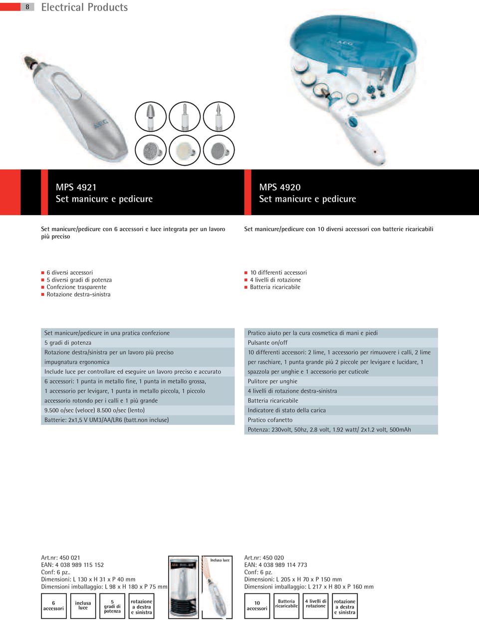 ricaricabile Set manicure/pedicure in una pratica confezione 5 gradi di potenza Rotazione destra/sinistra per un lavoro più preciso impugnatura ergonomica Include luce per controllare ed eseguire un