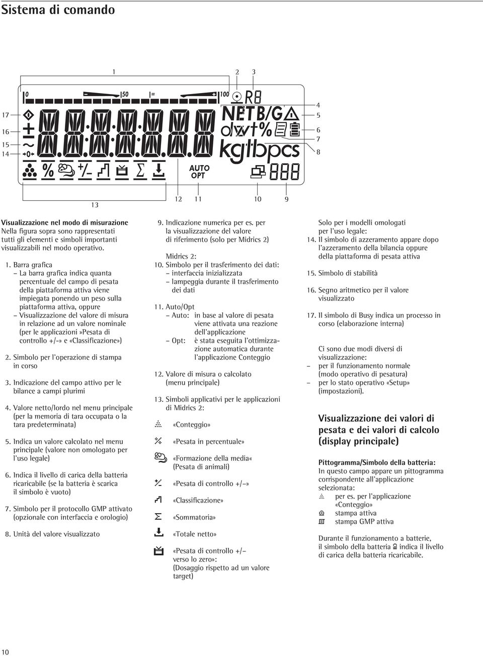 Barra grafica La barra grafica indica quanta percentuale del campo di pesata della piattaforma attiva viene impiegata ponendo un peso sulla piattaforma attiva, oppure Visualizzazione del valore di