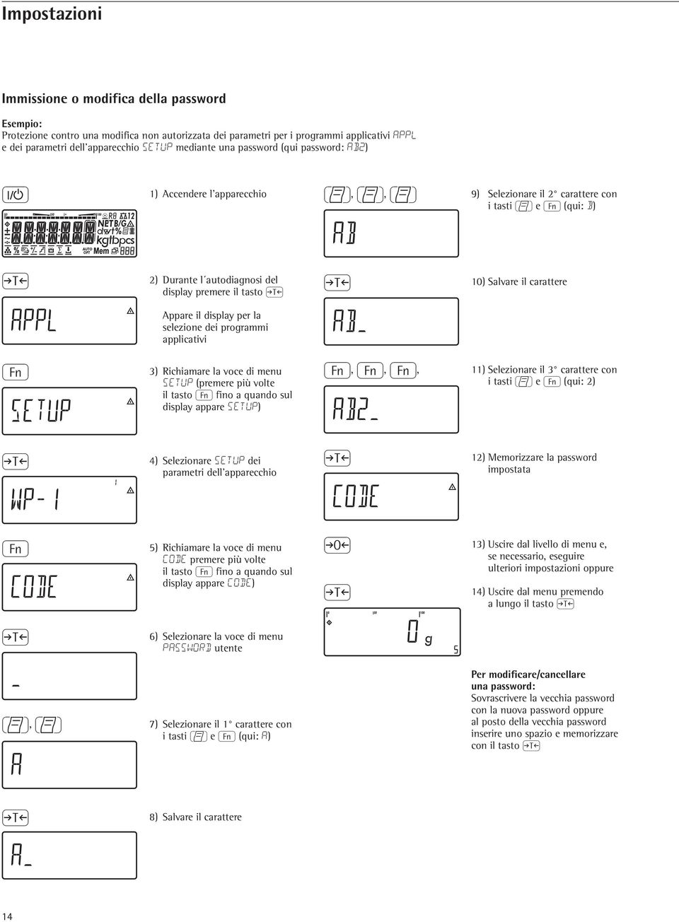 10) Salvare il carattere k Appare il display per la selezione dei programmi applicativi 3) Richiamare la voce di menu SETUP (premere più volte il tasto k fino a quando sul display appare SETUP) k, k,