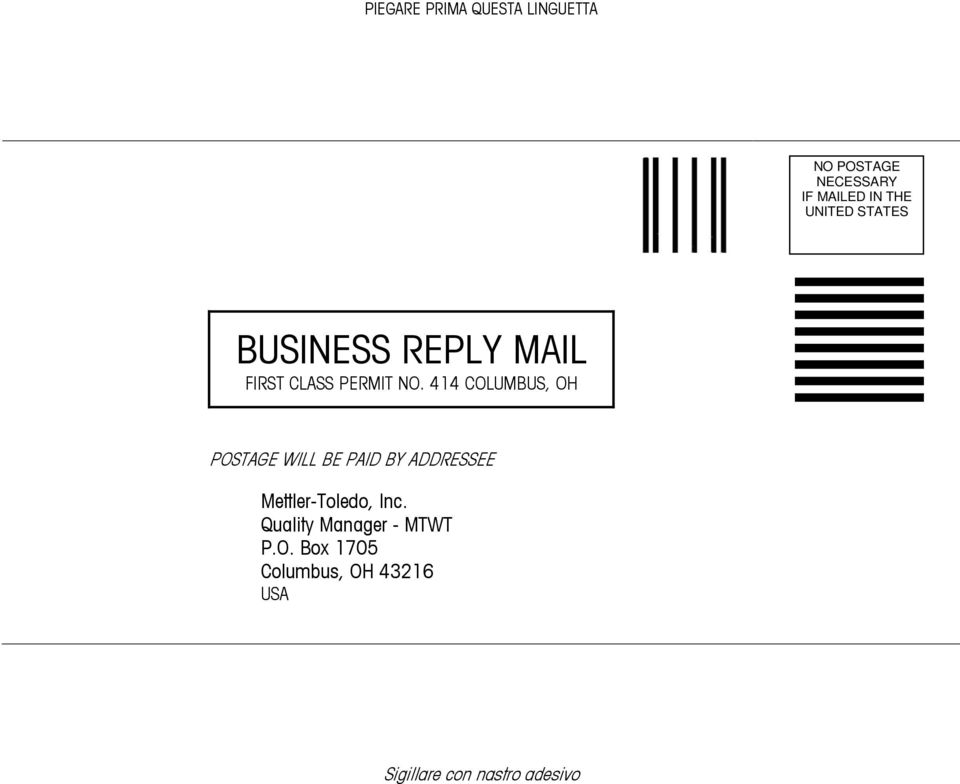 414 COLUMBUS, OH POSTAGE WILL BE PAID BY ADDRESSEE Mettler-Toledo, Inc.