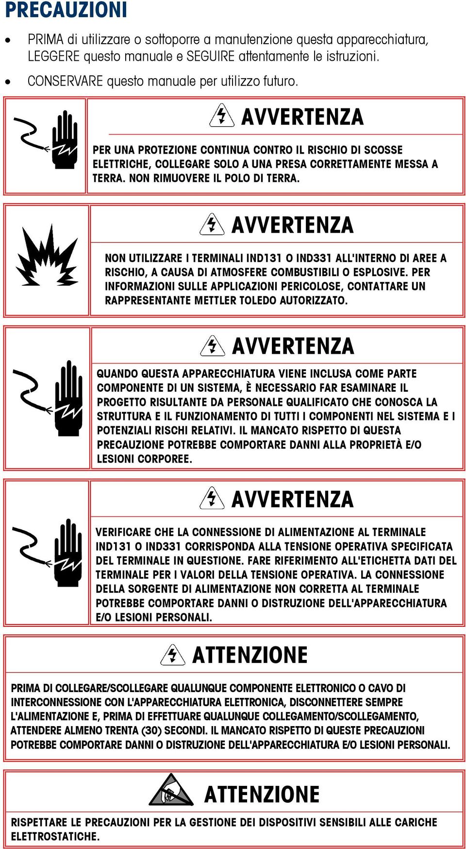 AVVERTENZA NON UTILIZZARE I TERMINALI IND131 O IND331 ALL'INTERNO DI AREE A RISCHIO, A CAUSA DI ATMOSFERE COMBUSTIBILI O ESPLOSIVE.