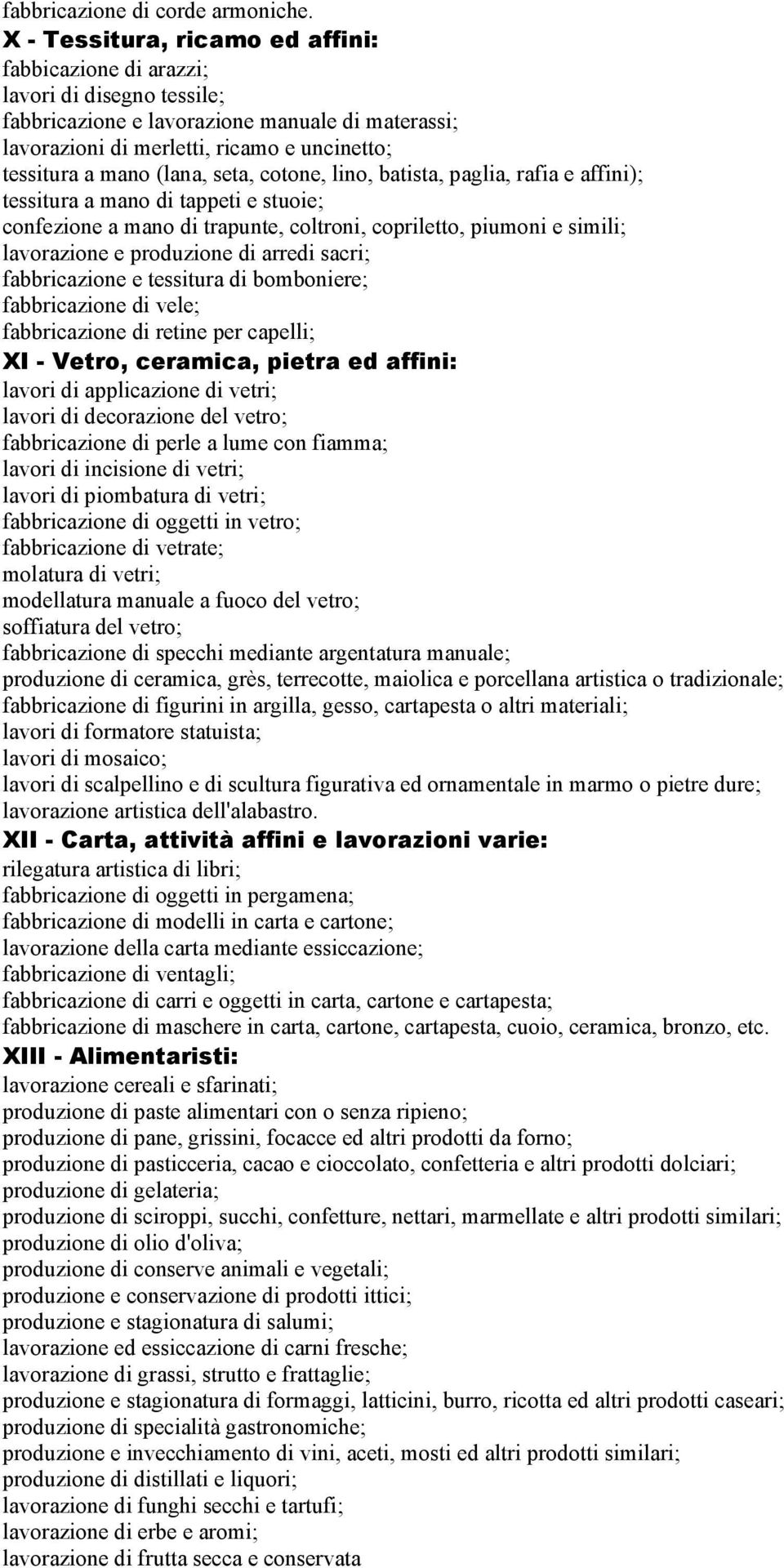 (lana, seta, cotone, lino, batista, paglia, rafia e affini); tessitura a mano di tappeti e stuoie; confezione a mano di trapunte, coltroni, copriletto, piumoni e simili; lavorazione e produzione di