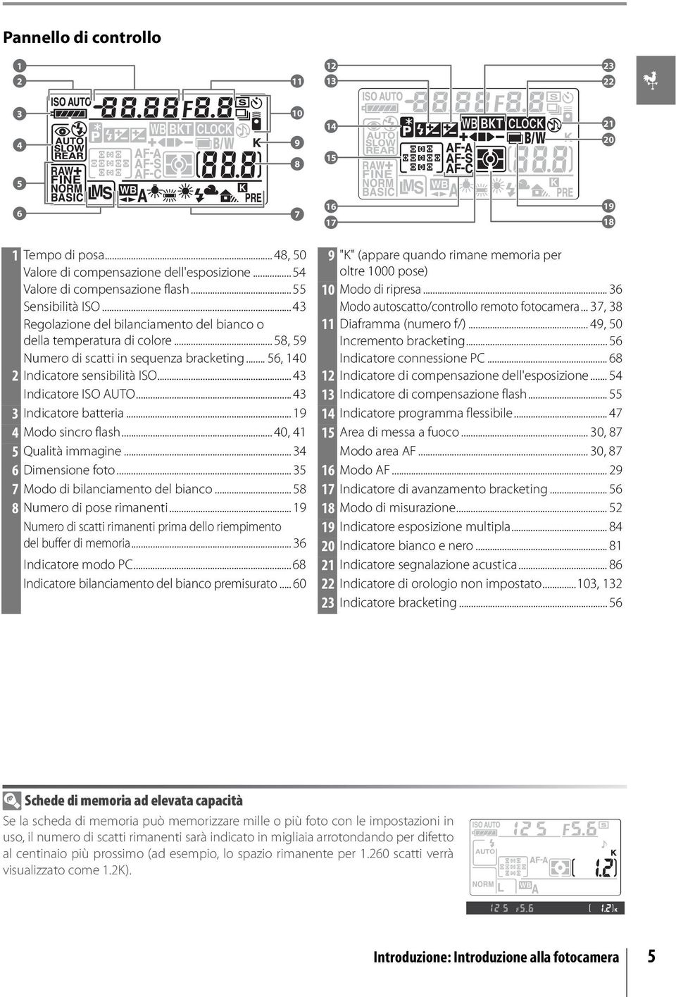 .. 37, 38 Regolazione del bilanciamento del bianco o della temperatura di colore... 58, 59 11 Diaframma (numero f/)... 49, 50 Incremento bracketing... 56 Numero di scatti in sequenza bracketing.