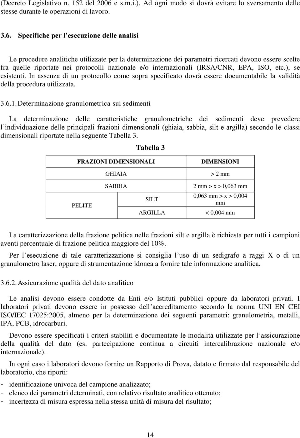 Specifiche per l esecuzione delle analisi Le procedure analitiche utilizzate per la determinazione dei parametri ricercati devono essere scelte fra quelle riportate nei protocolli nazionale e/o