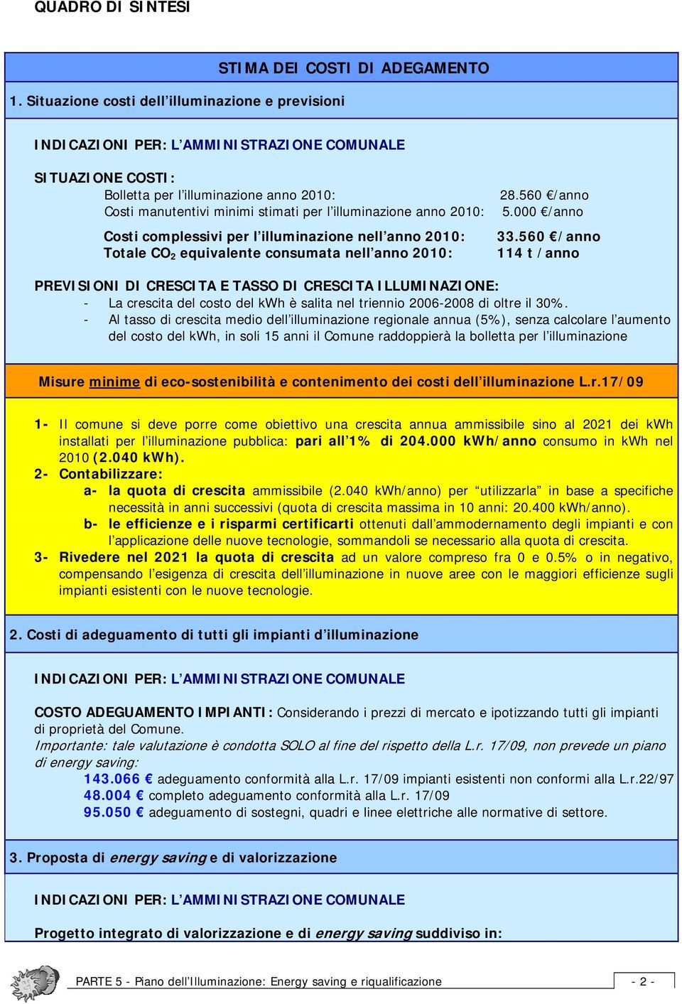 minimi stimati per l illuminazione anno 2010: Costi complessivi per l illuminazione nell anno 2010: Totale CO 2 equivalente consumata nell anno 2010: 28.560 /anno 5.000 /anno 33.