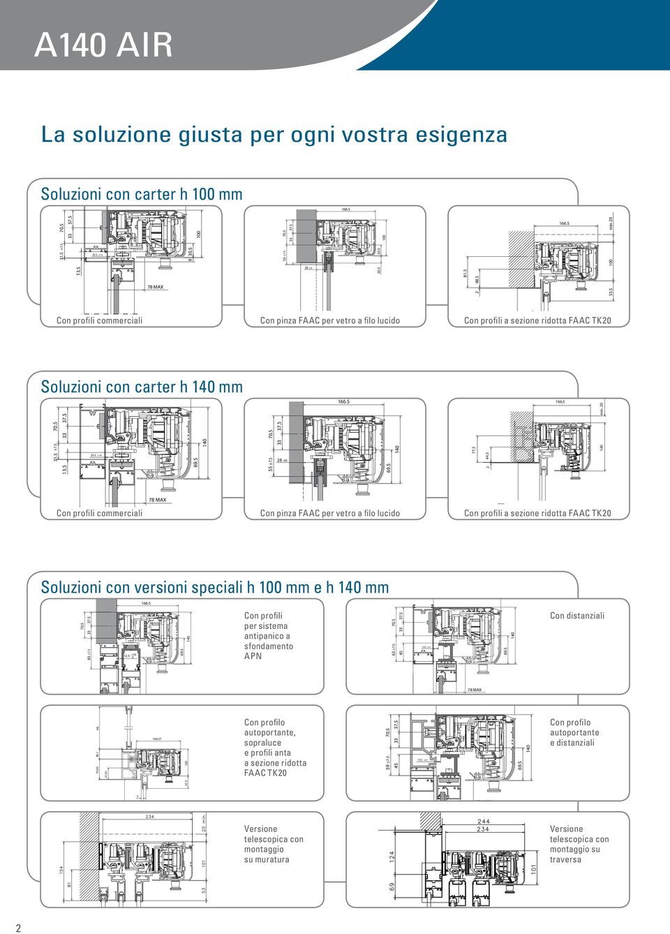 5 28 ±6,5 2 44,5 166,5 min. 20 Con profili commerciali Con pinza FAAC per vetro a filo lucido Con profili a sezione ridotta FAAC TK20 Soluzioni con versioni speciali h 100 mm e h mm 0.5 83 ±.5 33 3.
