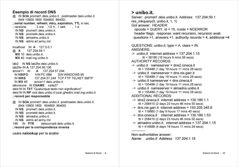 deis.unibo.it. lab2fw IN A 137.204.56.136 amce11 IN A 137.204.57.244 IN HINFO HW:PC IBM SW:WINDOWS 95 IN WKS 137.204.57.244 TCP FTP TELNET SMTP IN MX 40 amce11.deis.unibo.it. labvisione IN CNAME csite27 deis18 IN TXT "Qualunque testo non significativo" deis18 IN RP root.