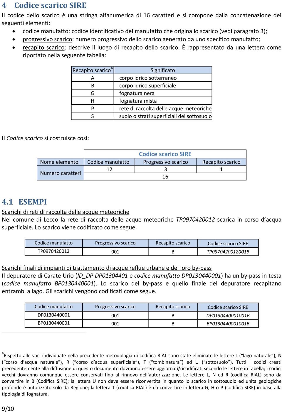 È rappresentato da una lettera come riportato nella seguente tabella: Recapito scarico 4 A B G H P S Significato corpo idrico sotterraneo corpo idrico superficiale fognatura nera fognatura mista rete