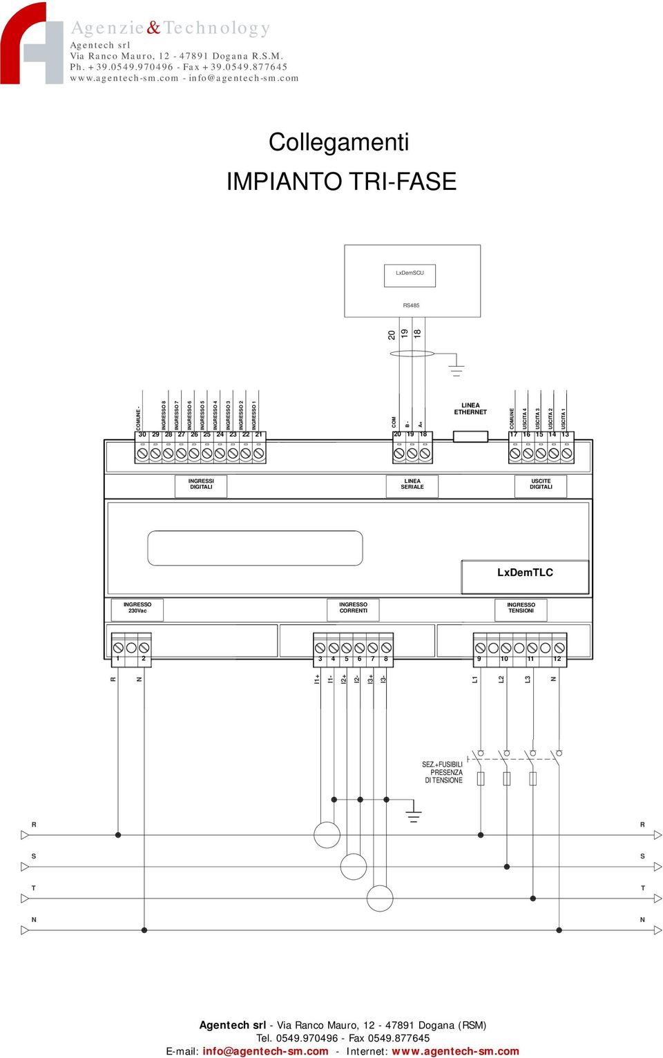 COMUE USCITA 4 USCITA 3 USCITA 2 USCITA 1 17 16 15 14 13 IGESSI LIEA SEIALE USCITE LxDemTLC IGESSO 230Vac IGESSO