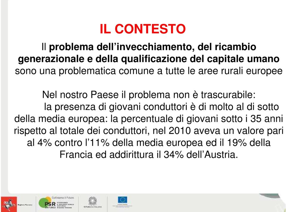 conduttori è di molto al di sotto della media europea: la percentuale di giovani sotto i 35 anni rispetto al totale dei