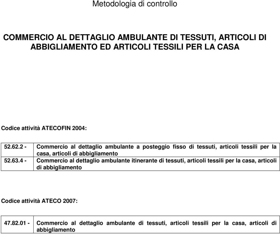 2 - Commercio al dettaglio ambulante a posteggio fisso di tessuti, articoli tessili per la casa, articoli di abbigliamento 52.63.