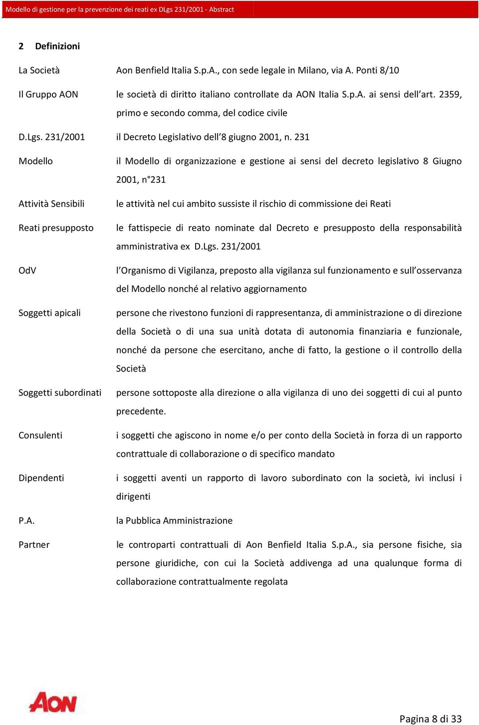 231 Modello Attività Sensibili Reati presupposto OdV Soggetti apicali il Modello di organizzazione e gestione ai sensi del decreto legislativo 8 Giugno 2001, n 231 le attività nel cui ambito sussiste