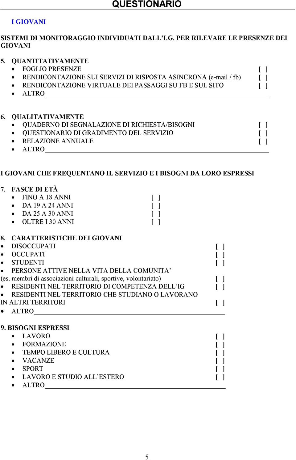 QUALITATIVAMENTE QUADERNO DI SEGNALAZIONE DI RICHIESTA/BISOGNI [ ] QUESTIONARIO DI GRADIMENTO DEL SERVIZIO [ ] RELAZIONE ANNUALE [ ] I GIOVANI CHE FREQUENTANO IL SERVIZIO E I BISOGNI DA LORO ESPRESSI