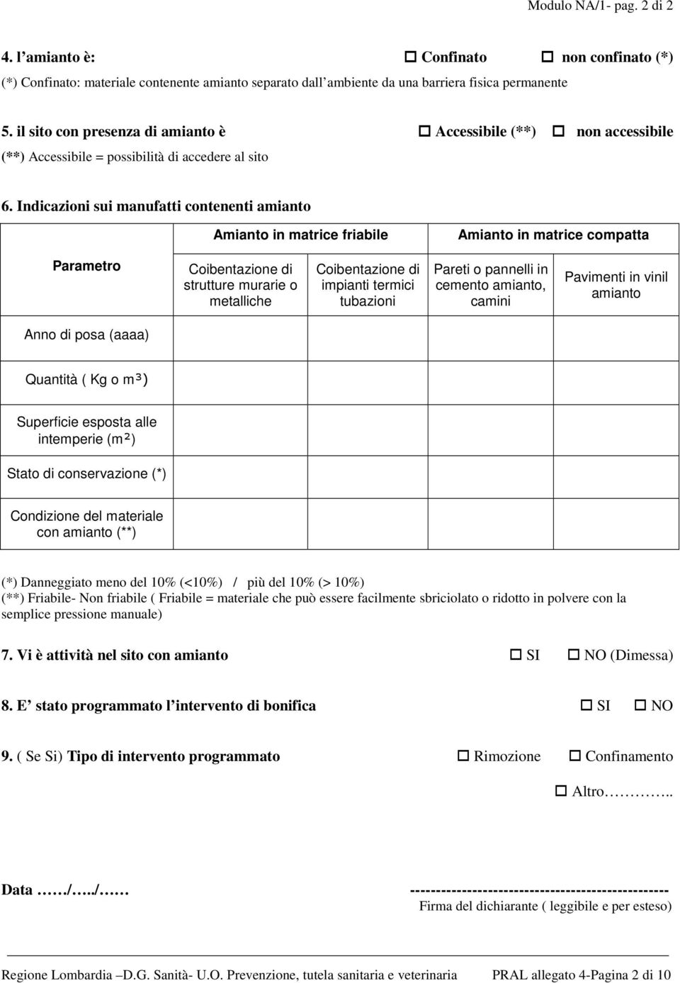 Indicazioni sui manufatti contenenti amianto Amianto in matrice friabile Amianto in matrice compatta Parametro Coibentazione di strutture murarie o metalliche Coibentazione di impianti termici