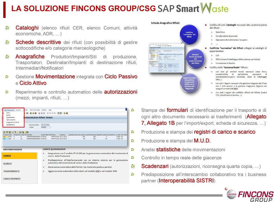 Passivo e Ciclo Attivo Reperimento e controllo automatico delle autorizzazioni (mezzi, impianti, rifiuti, ) Stampa dei formulari di identificazione per il trasporto e di ogni altro documento