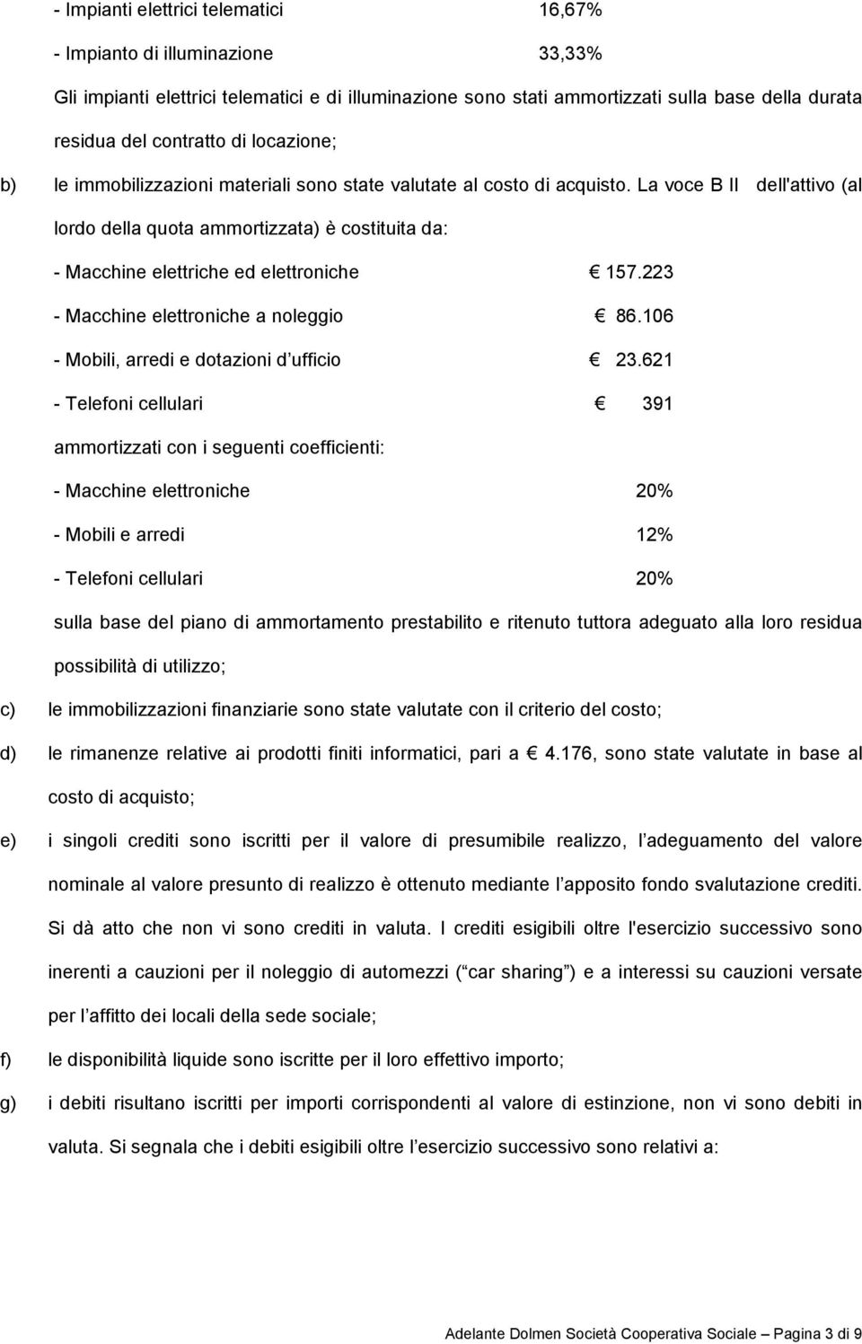 La voce B II dell'attivo (al lordo della quota ammortizzata) è costituita da: - Macchine elettriche ed elettroniche " 157.223 - Macchine elettroniche a noleggio " 86.